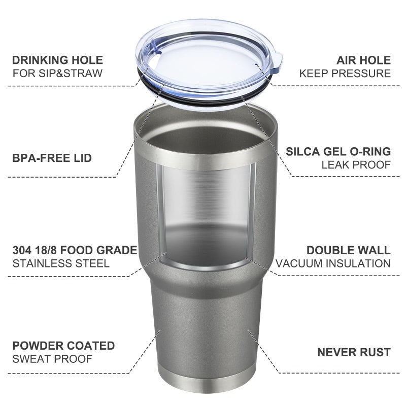 MEWAY 30oz Insulated Tumbler With Lids and Straws,Stainless Steel Double Vacuum Coffee Tumbler Cup, Brush, Durable Powder Coated Coffee Cup for Cold & Hot Drinks(Cold Grey,8 PACK) - Image 4
